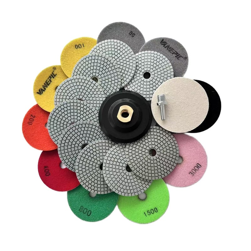 VANEPIC 4 Inch Diamond Polishing Pads Marble polishing kit 50-3000 Wet/Dry Set 12 Pieces for Drill Grinder Polisher for Concrete Marble Quartz Stone Countertop Granite polishing refurbishment - Image 1